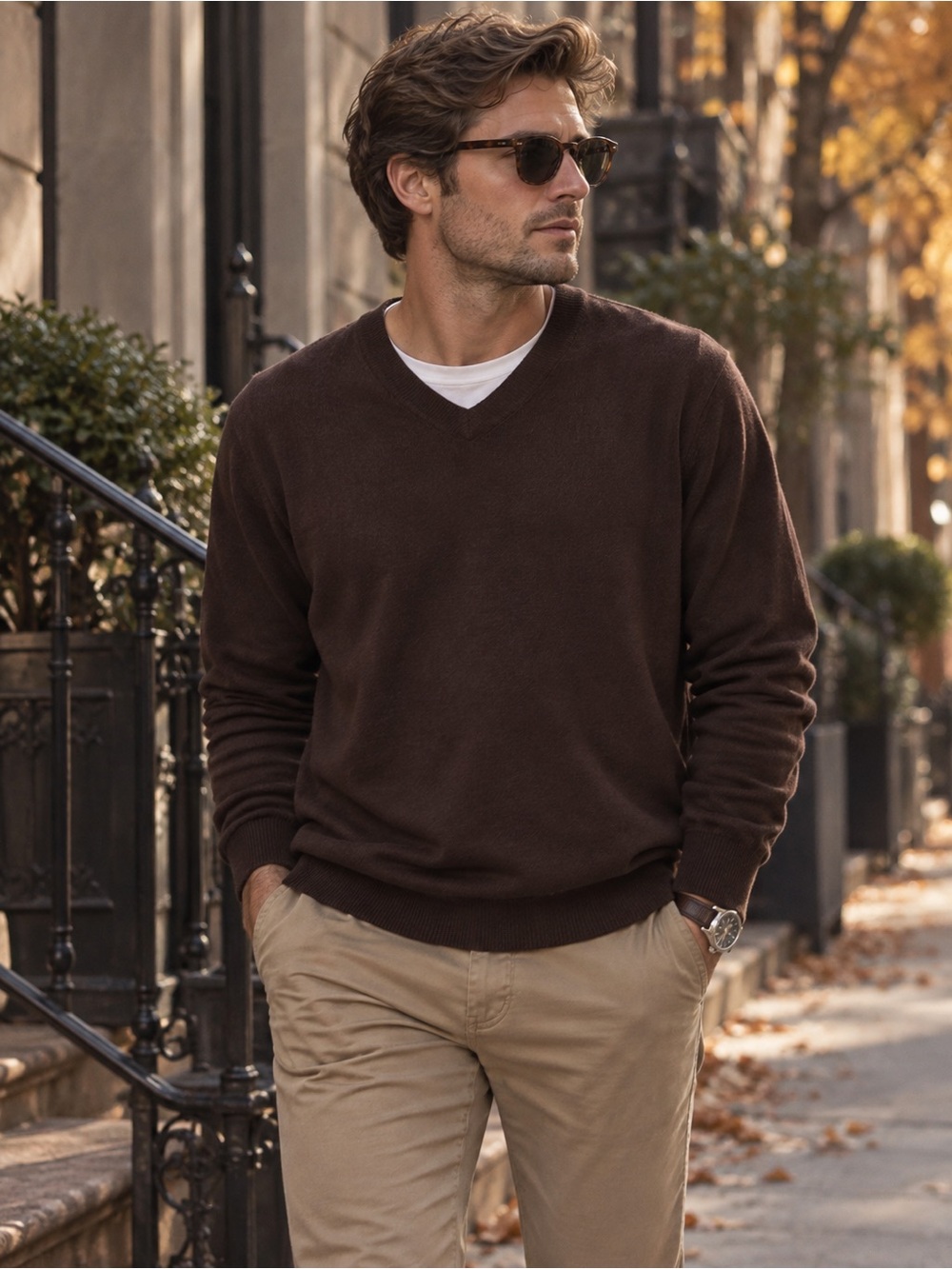 Façonnable Silk & Cashmere V-Neck Brown Men's Sweater